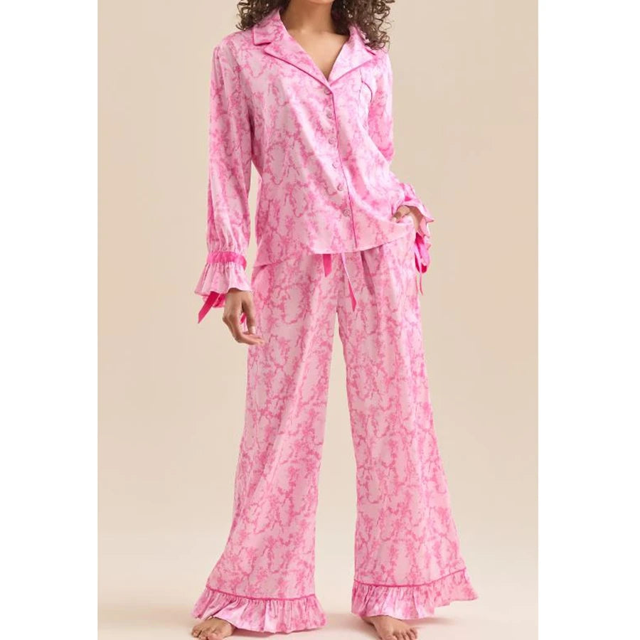 🍒Women's printed pyjama set autumn winter pjs fashion sleepwear ruffle and applique design comfort lapel collar shirt and flared trousers nightwear set Put Some FLARE In Your NIGHTWEAR