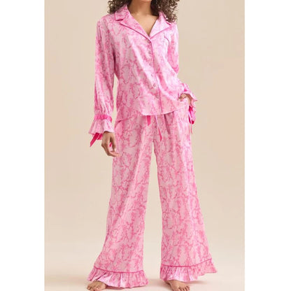 🍒Women's printed pyjama set autumn winter pjs fashion sleepwear ruffle and applique design comfort lapel collar shirt and flared trousers nightwear set Put Some FLARE In Your NIGHTWEAR