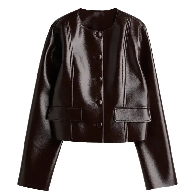 🍒Leather short skirt set women Y2K long sleeve pu jacket and mini skirt suits women's high street fashion smart casual outfits