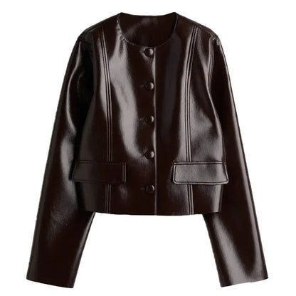 🍒Leather short skirt set women Y2K long sleeve pu jacket and mini skirt suits women's high street fashion smart casual outfits