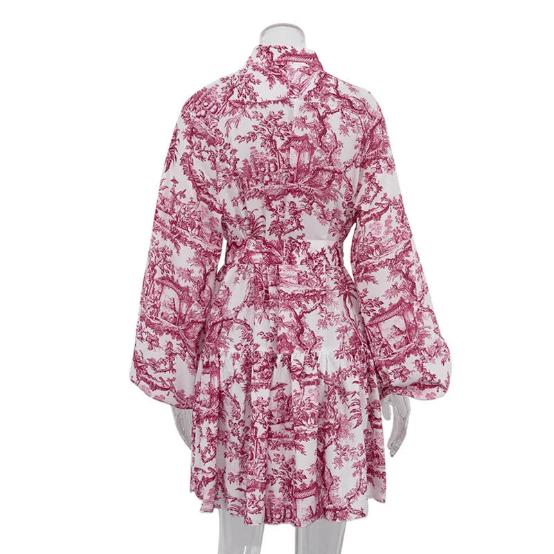 🍒Printed mini dress long sleeve clothes for hot weather o-neck outfit a line flare short china print smart casual female clothes fashion beach party wear holiday wear  Drink Cocktails In Your China