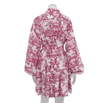 🍒Printed mini dress long sleeve clothes for hot weather o-neck outfit a line flare short china print smart casual female clothes fashion beach party wear holiday wear  Drink Cocktails In Your China