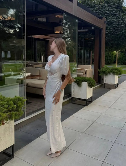 🍒Lace long dress for women short sleeve maxi dress lace insert party outfit mix media fashion wear occasion wear Pose In Rose