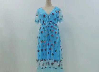 🍒Summer fashion v-neck short sleeved midi dress mesh fabric strawberry outfit fitted at waist smart casual clothing women BERRY exSTRAW-ordinary