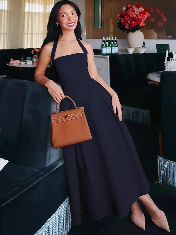 🍒Elegant midaxi dress high waist  sleeveless summer outfit long  backless halter dress feminine clothing party wear fashion