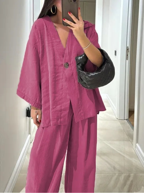 🍒Casual trouser suit for women elegant long sleeve outfit single colour wide leg pants and jacket   set spring summer fashion loose two-piece Partying Pjs