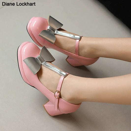 🍒T strap high heels round toe pumps women low platform shoes plus size available bow footwear for party wear wedding t-bar for special occasions Footwear With A Bow On IT