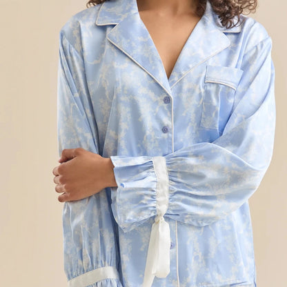 🍒Women's printed pyjama set autumn winter pjs fashion sleepwear ruffle and applique design comfort lapel collar shirt and flared trousers nightwear set Put Some FLARE In Your NIGHTWEAR