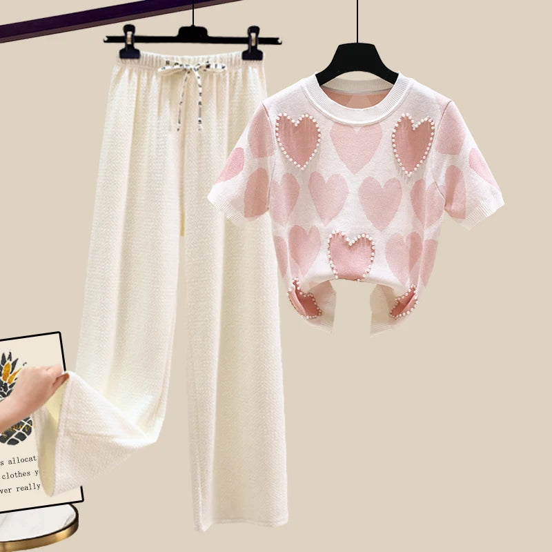 🍒Two piece set suit chic knit t-shirt with love heart top women  and casual wide leg pants sets elegant casual clothing home wear clothes  Love This Set