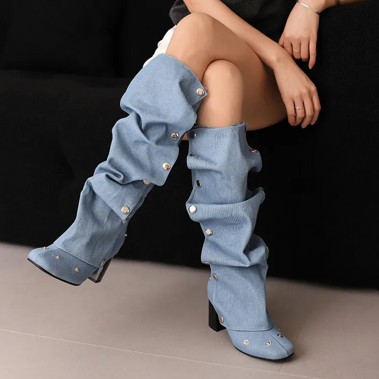 🍒Denim boots for Women blue multi snap-fastener pleated shoes with zip wide calf length boots winter footwear Cute Cowboy