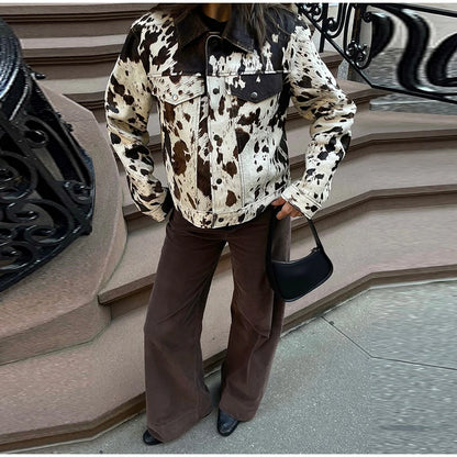 🍒Women's cow print Jacket with lapel collar short zipper coat for smart casual female outerwear  Warm    Milk (it) A Cow