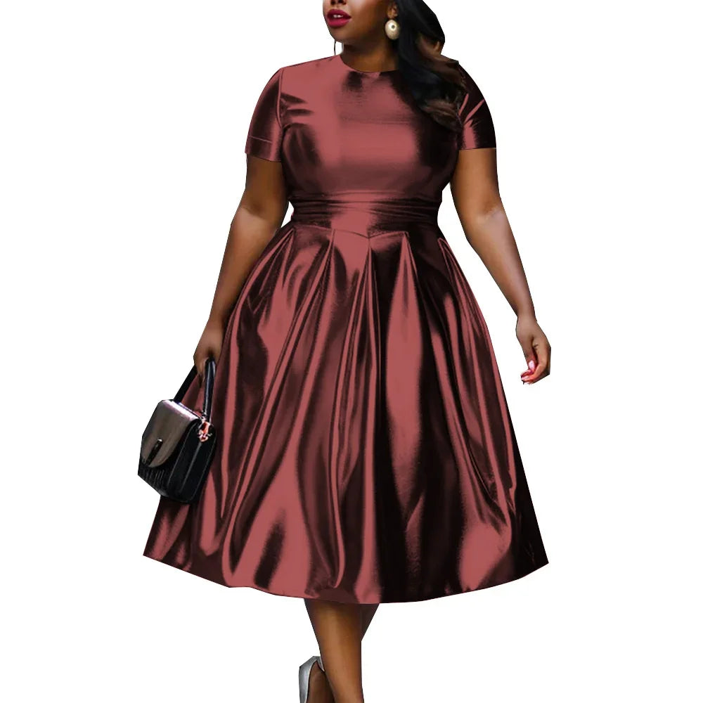 🍒A-line shiny dress metallic short sleeve midi for women plus size outfit fit and flare elastic dress smart casual clothing Summer Stunner