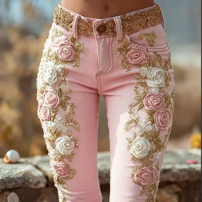 🍒Rose flower applique Jeans vintage trousers elegant romantic women's pink high waist pants slim chic floral pants