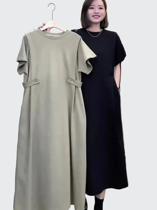 🍒Relaxed fit women’s dress with side pockets lazy style short sleeve outfit for summer loose slimming round neck dress with pockets and button waist tabs a-line plus size fashion  Longline Loosy Love