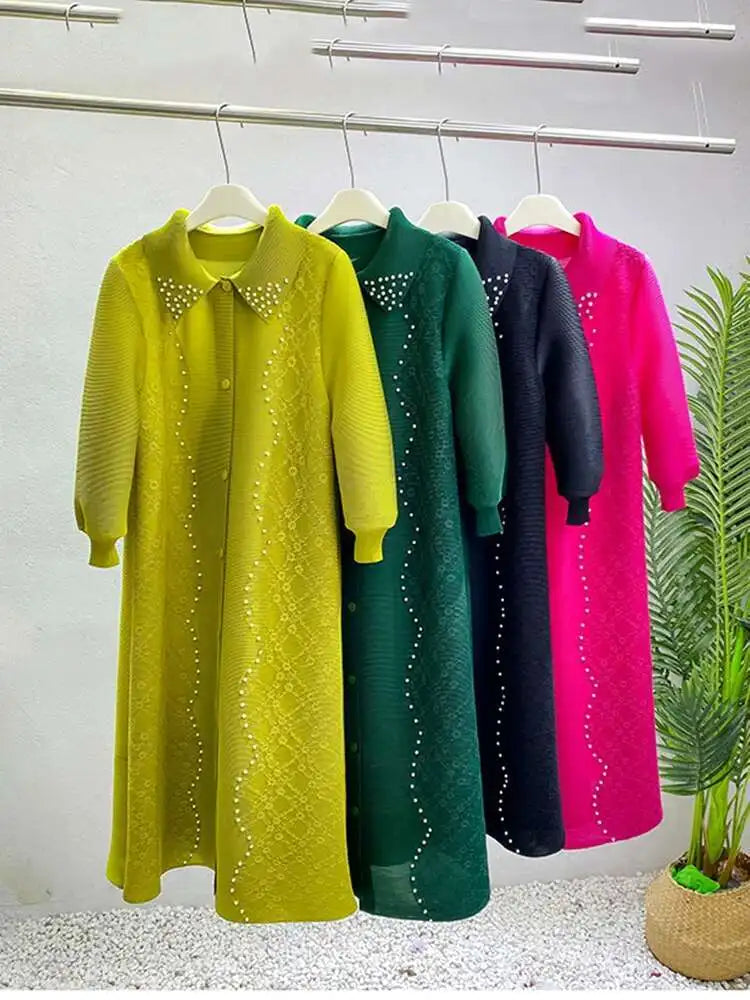 🍒Pleated dress for women spring  high-end occasion wear lapel coat outfit loose beaded long sleeve maxi elastic female fashion 6R5109