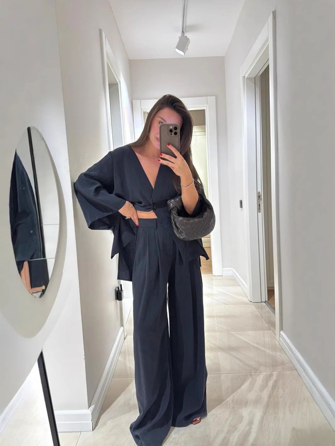 🍒Casual trouser suit for women elegant long sleeve outfit single colour wide leg pants and jacket   set spring summer fashion loose two-piece Partying Pjs