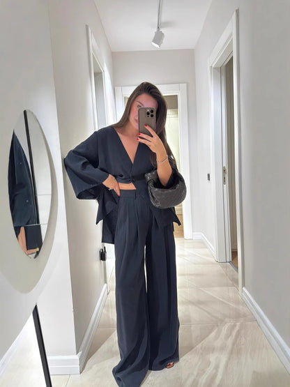🍒Casual trouser suit for women elegant long sleeve outfit single colour wide leg pants and jacket   set spring summer fashion loose two-piece Partying Pjs