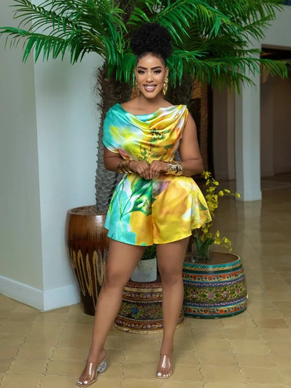 🍒 Shorts Jumpsuit loose printed sleeveless romper women  with tie waist colourful summer fashion female casual clothes Jump Into A Colourful Suit