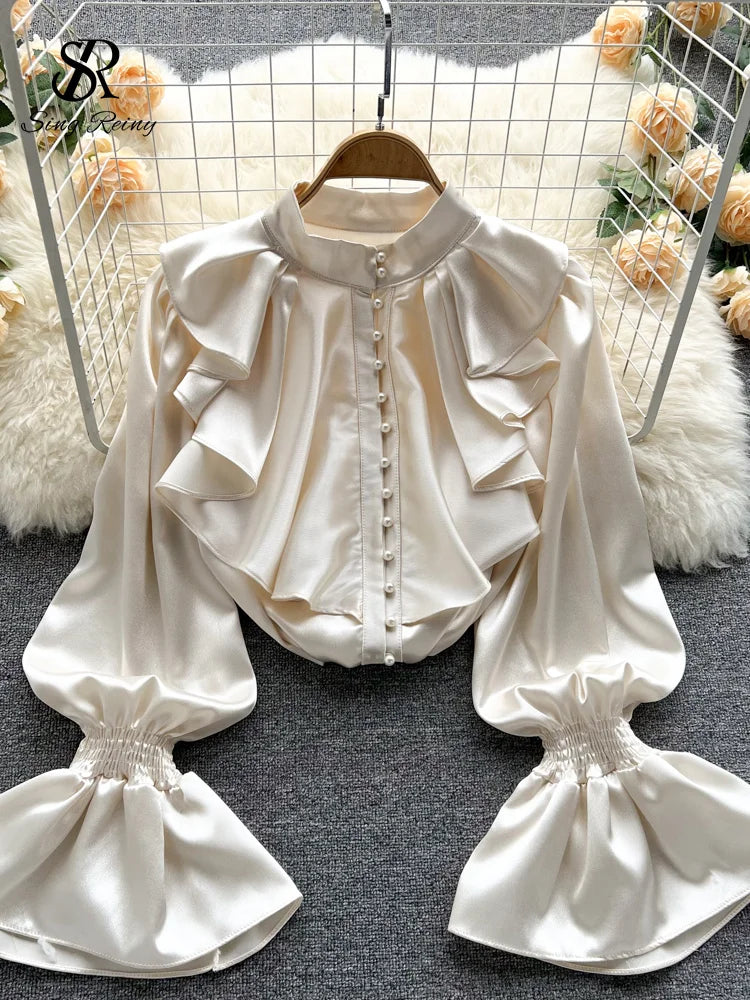 🍒High quality satin blouse loose puff sleeve shirt with flared sleeves ruffle shirt for party wear with beading top women’s feminine office wear Girly Pearl