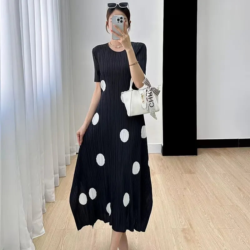 🍒Womens pleated dress summer smart casual ladies' high waist outfit with polka dots irregular fashion loose waist dress Dainty Dressy Dots