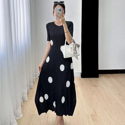 🍒Womens pleated dress summer smart casual ladies' high waist outfit with polka dots irregular fashion loose waist dress Dainty Dressy Dots