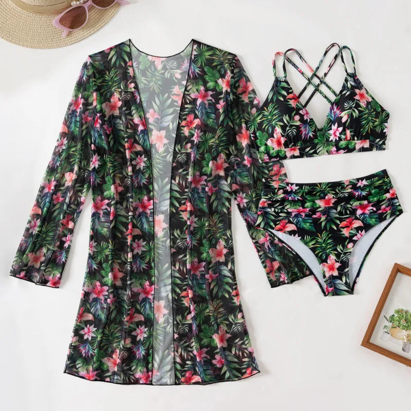 🍒Women's three-piece swimwear beach bathing suits brazilian bikini set pool bather female swim suits beach cover up Suited For beachwear