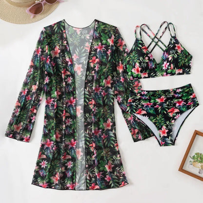 🍒Women's three-piece swimwear beach bathing suits brazilian bikini set pool bather female swim suits beach cover up Suited For beachwear