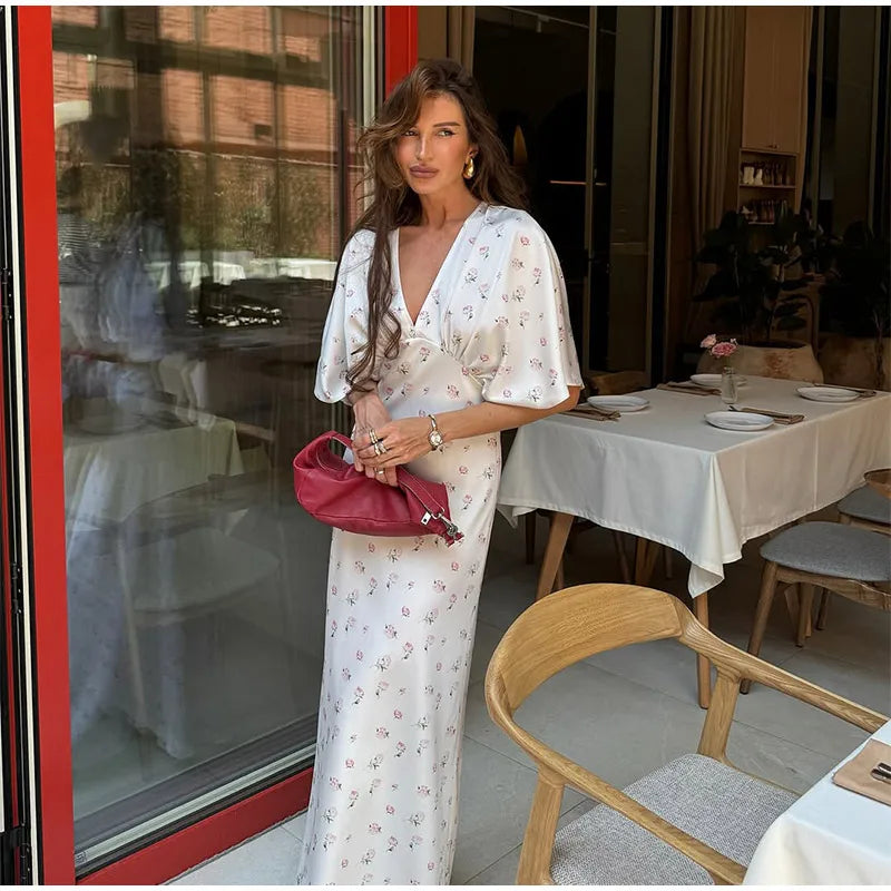 🍒Summer printed v-neck dress  with flower print womens fashion slim fit waist short butterfly sleeve long summer outfit with short sleeves high waist office wear cute comfy casu classy