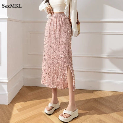🍒Stylish summer skirts smart casual womens sequin clothes midi fashion black long skirt outfit y2k wear