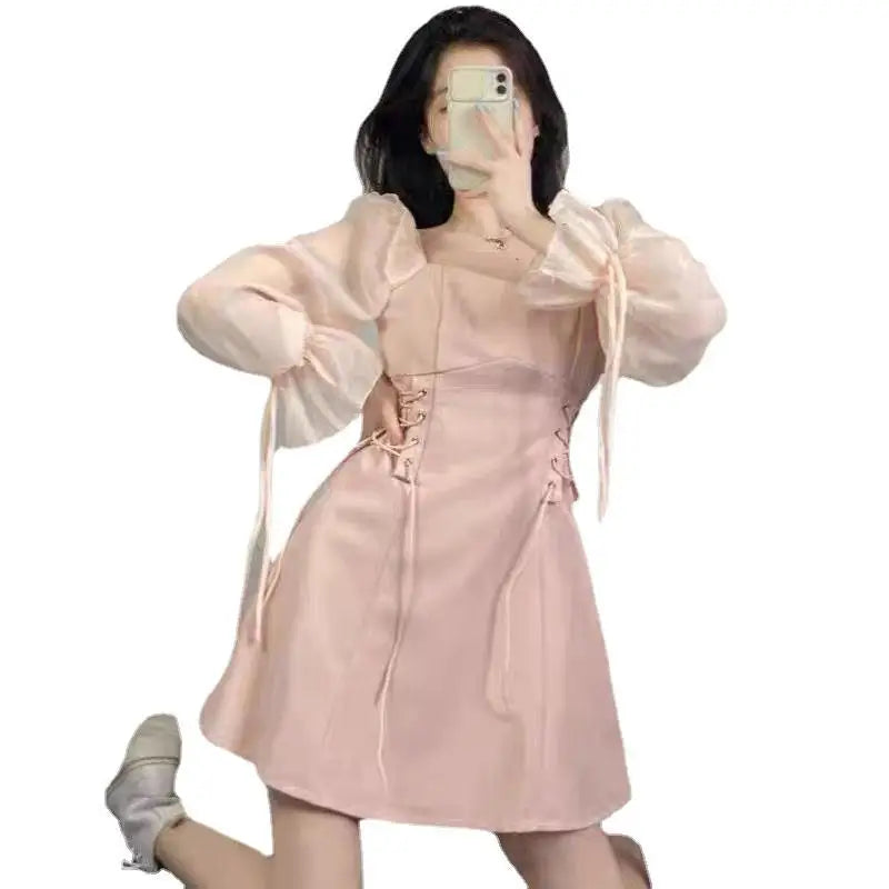 🍒Pink dresses women spring summer sweet heart neckline outfit a-line mini dress with puff sleeves lace up draw string sides waist feminine fashion A- Pretty Pink