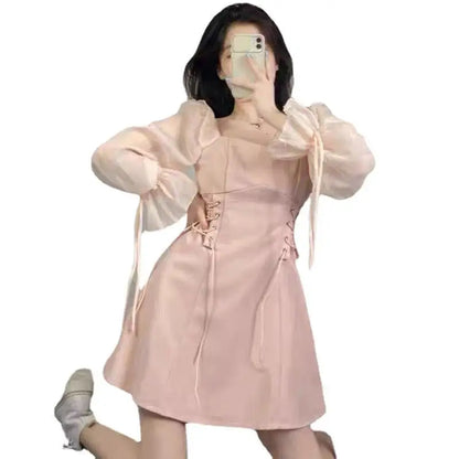 🍒Pink dresses women spring summer sweet heart neckline outfit a-line mini dress with puff sleeves lace up draw string sides waist feminine fashion A- Pretty Pink