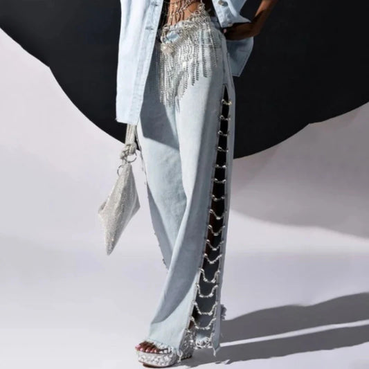 🍒Side split loose Jeans crystal chain wide leg baggy denim jeans high waist hollow out summer pants women denim trousers y2k steetwear clubwear Diamond Denims