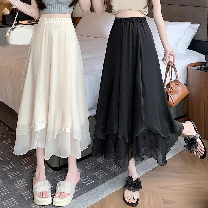 🍒Midi long skirt elastic waist ladies spring summer womens fashion  a-line clothing Female chiffon skirt outfit smart casual clothing party occasion wear Lavish In Layers