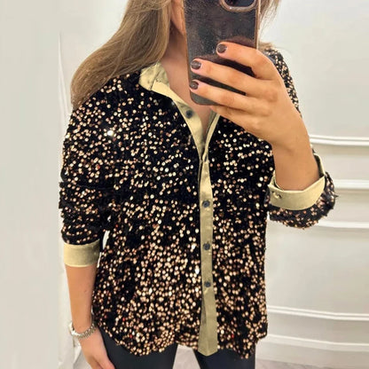 🍒Sparkly sequin blouse womens party shirt single breasted lapel long sleeve occasion wear top Glissy Gold