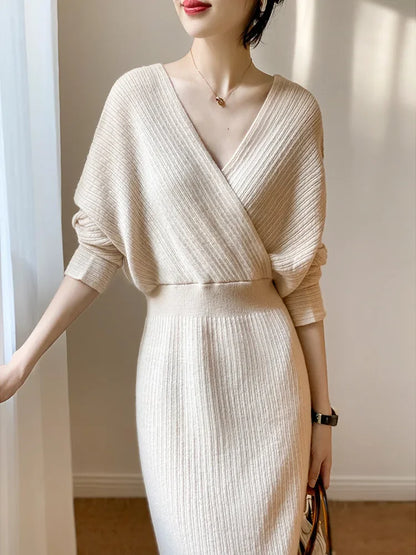 🍒V-neck knit dress criss cross elasticated waist batwing sleeve outfit slim fit elegant autumn winter fashion smart casual wear women Jump Into Knits