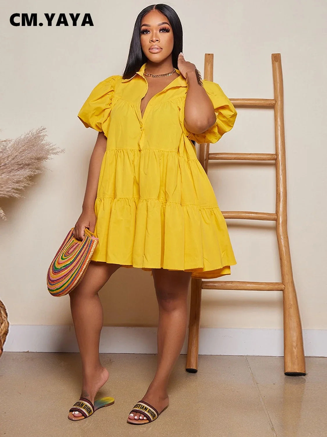 🍒Puff sleeve dress baby doll style single breasted lapel collar dress women mini outfit big swing loose smock dress  Get Puffed Out In A Swing