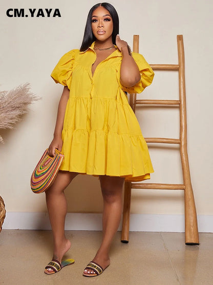🍒Puff sleeve dress baby doll style single breasted lapel collar dress women mini outfit big swing loose smock dress  Get Puffed Out In A Swing