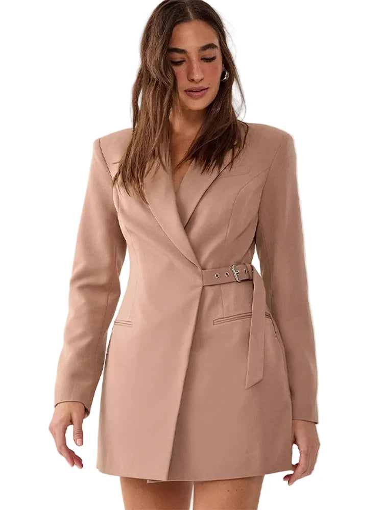 🍒Collar blazer dress womens dress with belt urban Waist-fit side belt design chic clothing for women pocket full sleeve solid dresses  Nip Fit Slick Chic