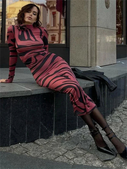 🍒Red striped long dress womens bodycon turtle neck zebra print mesh outfit clubwear party occasion wear clothing                       Catwalk Your Tiger