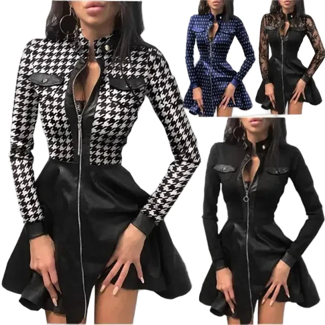 🍒Pu leather dress for women  lace mesh sleeve mixed media fashion party dress mini elegant stand neck collar a-line outfit Pretty Plaid Pu