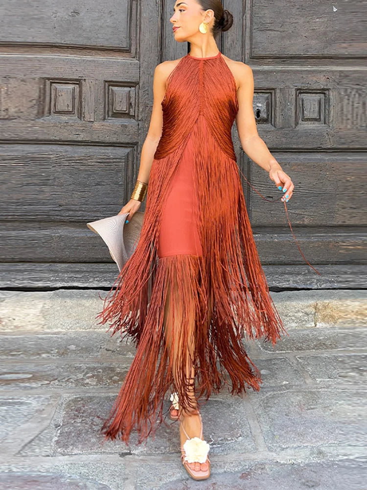 🍒Multi-layer tassel dress women's solid o-neck sleeveless cocktail dress elegant female fashion ball party outfit occasion wear club wear holiday beach party wear No Tossle Tassle