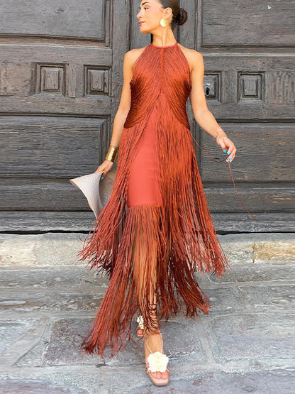 🍒Multi-layer tassel dress women's solid o-neck sleeveless cocktail dress elegant female fashion ball party outfit occasion wear club wear holiday beach party wear No Tossle Tassle