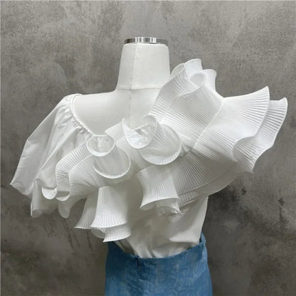 🍒Irregular ruffles blouse puff short sleeve shirt  summer party tops  for women occasion wear evening wear No Need To Ruffle Your Feathers Ruffles