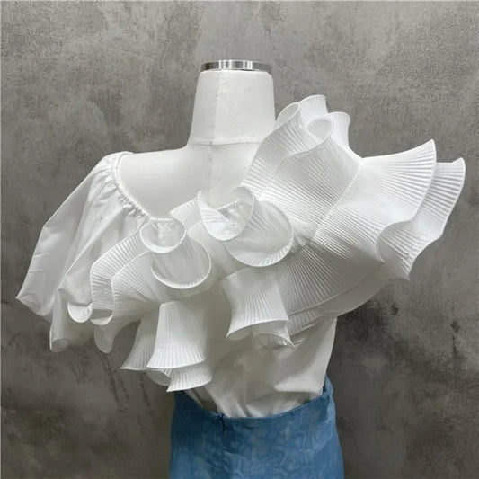 🍒Irregular ruffles blouse puff short sleeve shirt  summer party tops  for women occasion wear evening wear No Need To Ruffle Your Feathers Ruffles