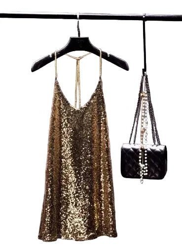 🍒Party dress with metal straps for womens sequin outfit with hanging neck back chain Long Render In backless sleeveless dress nightclub party occasion wear You Will Be Melted When You Get This Molton