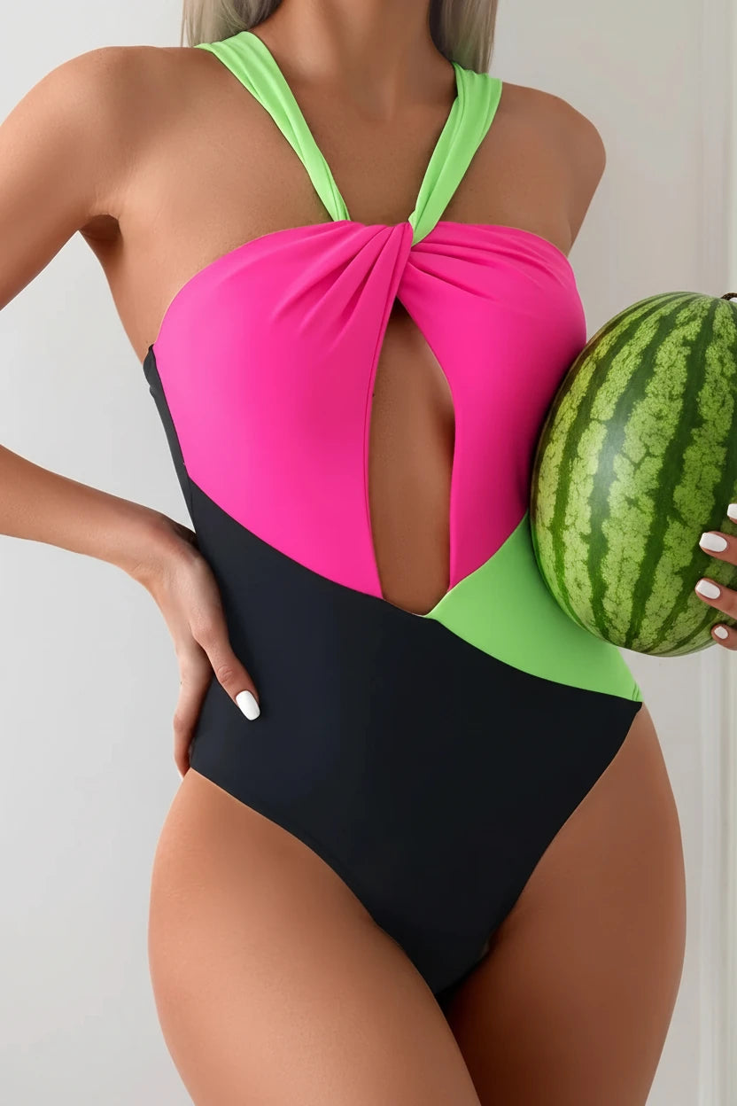 🍒Fashion swim suit one-piece pool part bathing suit women's Backless swimwear hollow cross-colour swimsuit          Tri Colour Stunner