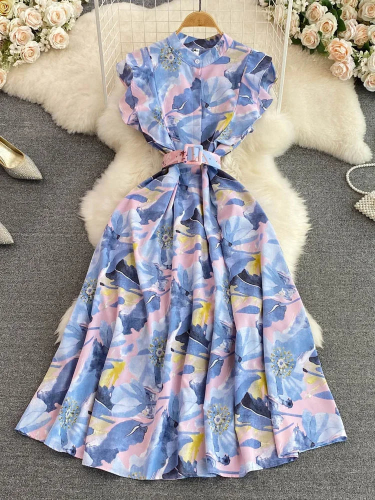 🍒 Printed midi dress high waist sleeveless a-line outfits elegant stand collar ruffle smart casual summer feminine fashion style Dont LEAF-e This In Your Basket Get This And You Will Be SKY High With Happiness