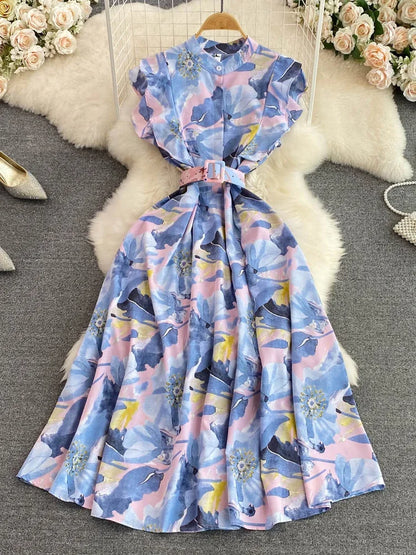🍒 Printed midi dress high waist sleeveless a-line outfits elegant stand collar ruffle smart casual summer feminine fashion style Dont LEAF-e This In Your Basket Get This And You Will Be SKY High With Happiness