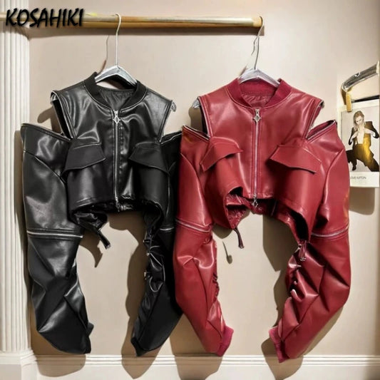 🍒pu cold shoulder leather jacket Y2K asthetic streetwear outerwear loose fashion women solid fashion female crop coat Keep Snug In A Cold Shoulder Coat