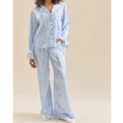 🍒Women's printed pyjama set autumn winter pjs fashion sleepwear ruffle and applique design comfort lapel collar shirt and flared trousers nightwear set Put Some FLARE In Your NIGHTWEAR